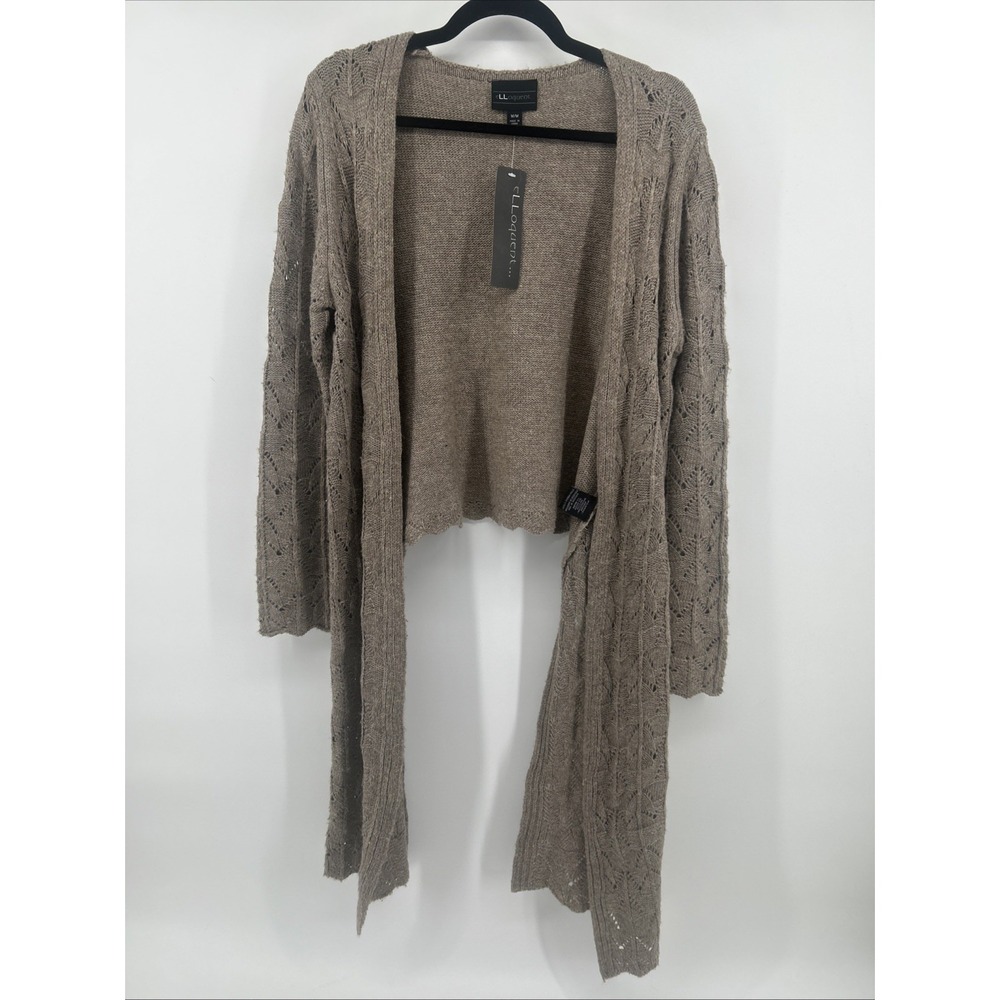 eLLoquent Long Duster Sweater M Taupe Open Front Boho Shabby Chic Earthy